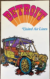 Vintage 1969 Detroit United Airlines Promotional Travel Poster - Near Mint - Picture 1 of 8