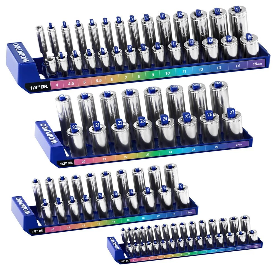 WORKPRO 4PC Socket Organizer Set Socket Holder 1/4" 3/8" 1/2" Metric Socket Tray - Image 1 of 4