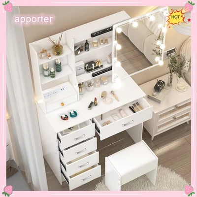 10 LED Lights Mirror White Vanity Dresser Desk Makeup Dressing Table +USB Ports - Image 1 of 4