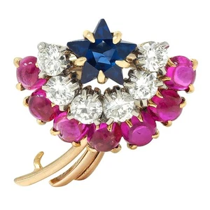 Cartier Retro 14K Yellow Gold Diamond Ruby Sapphire Vintage Shooting Star Brooch - Picture 1 of 8