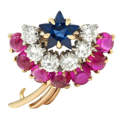 Broche Cartier Retro Oro Amarillo 14K Diamante Rubí Zafiro Vintage Estrella Fugaz Foto 1 de 4