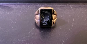 Antique 10K Yellow Gold Hematite Intaglio Carved Spartacus Men's Deco Ring 10" - Picture 1 of 9