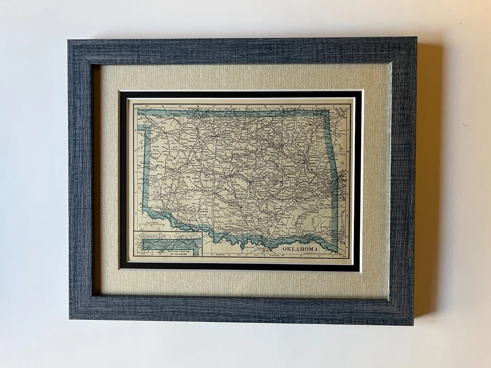 1934 "Blue" OKLAHOMA State Map by C.S. Hammond, Framed/Dbl Mat SEE DESCRIP - Image 1 of 3