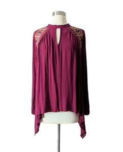KNOX ROSE Top Blouse Burgundy Embroidery Boho Key Hole LARGE L - Picture 1 of 5