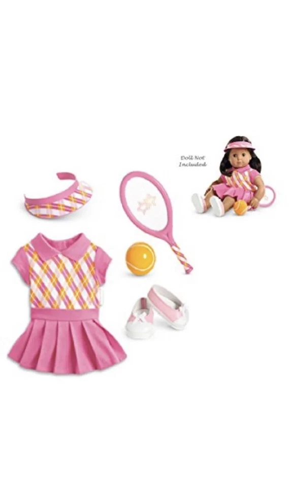 American Girl Bitty Baby Tennis Pro Outfit Shoes Visor Pink Racquet Ball Dress