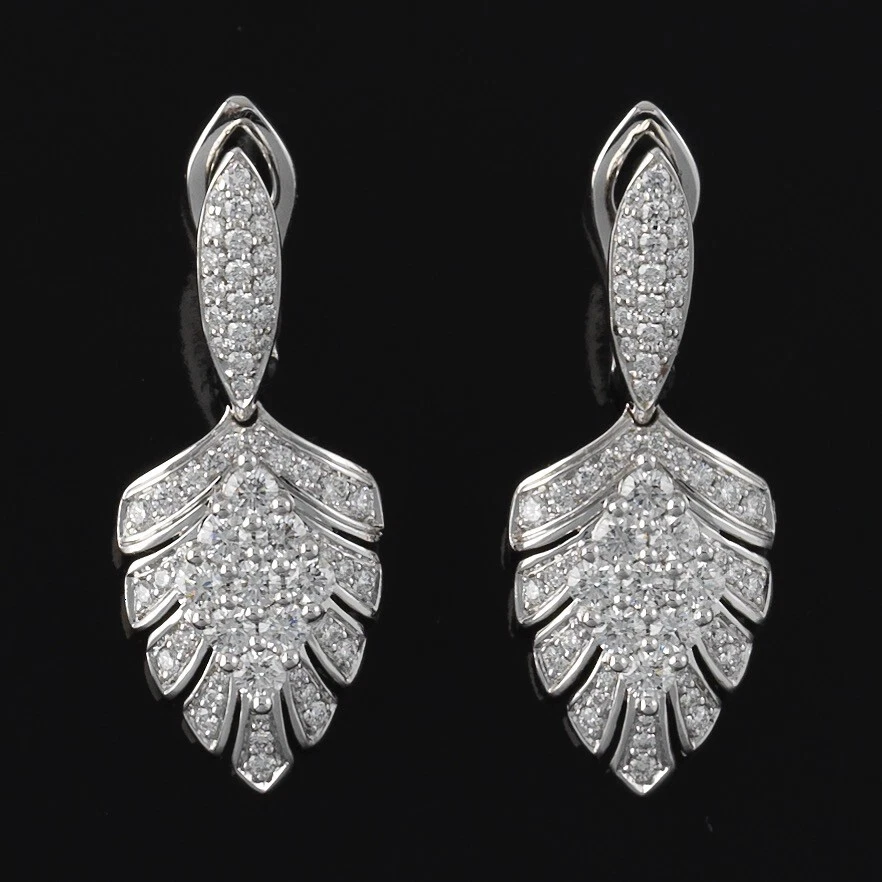 "Kat Florence" 18k White Gold/Platinum Dangling Diamond Feather Motif Earrings - Image 1 of 4