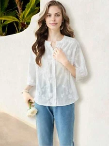 Women's 3/4 Sleeve Button Down Shirt With Floral Embroidered Details, V-Neck, Li - Picture 1 of 5