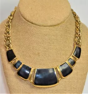 Vintage 80s Firmato Trifari Color Oro Smalto Nero 16 " Collana Grande Raro - Foto 1 di 3