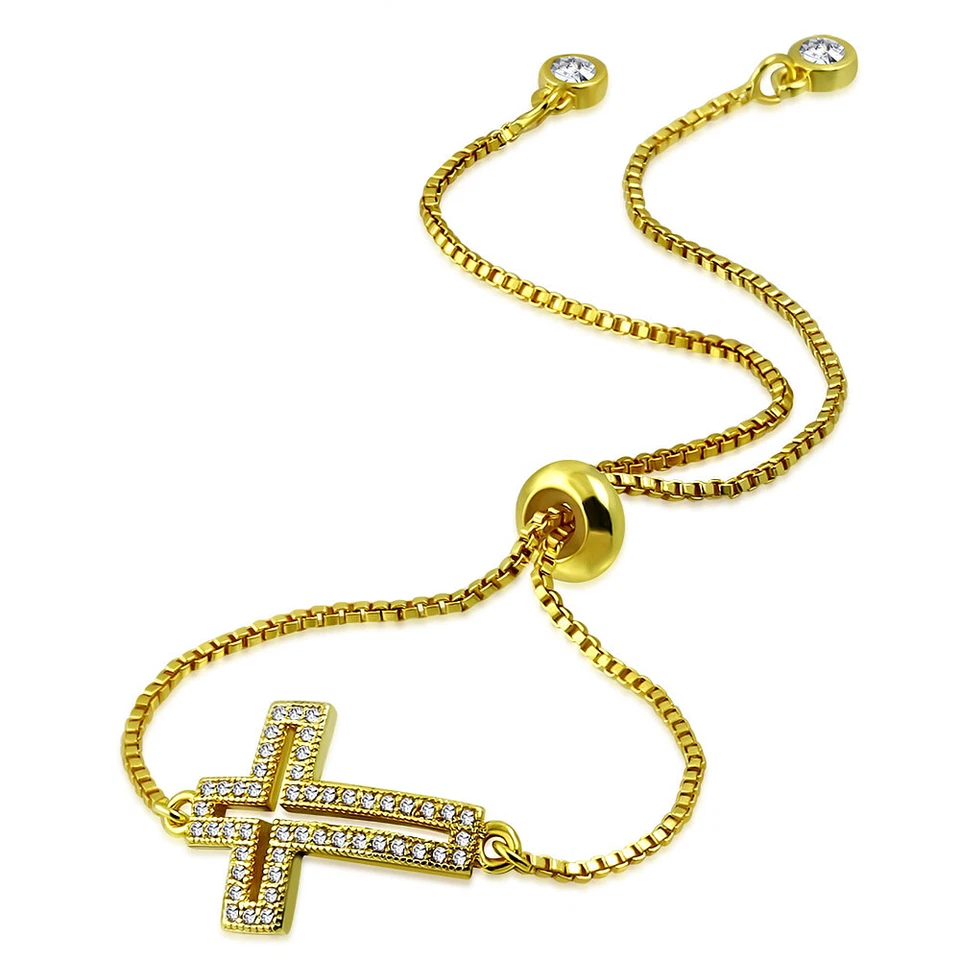 Stainless Steel Clear CZ Religious Cross Adjustable Chain Bracelet, 9" Foto 1 de 1