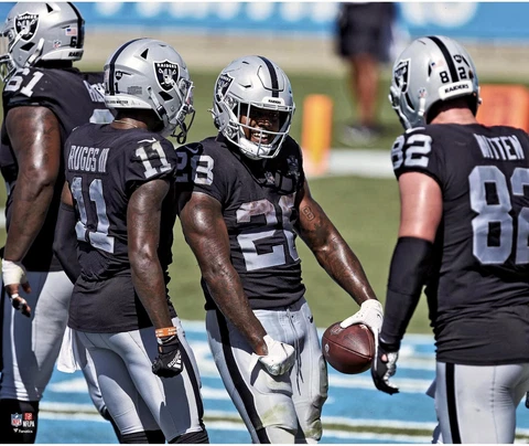 Josh Jacobs Raiders Unsigned TD Celebrate w/Henry Ruggs III &Jason Witten Photo Cover