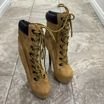 Zigi Girl Z-Jo Tan Nubuck Size 7.5 Construction Style Zjo 6" Heel Platform Boots - Image 1 of 4