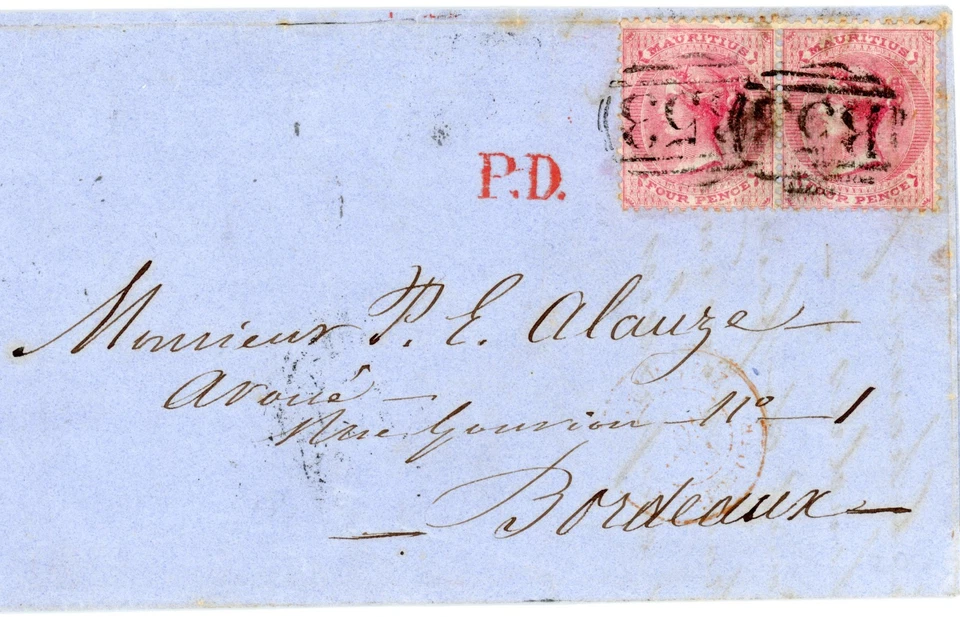 PAR DE CUBIERTAS P6/11 MAURICIO 1861 4d SELLOS ROJOS A FRANCIA B53 Foto 1 de 1