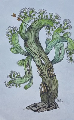 "Беспокойный" кактус Saguaro цветет, несмотря на повреждения - чернила и акварель - оригинал - Изображение 1 из 4