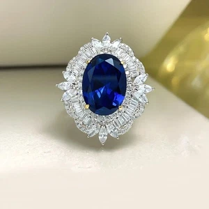 Anillo de compromiso de lujo de oro blanco de 18 quilates con diamantes de zafiro natural de corte ovalado de 6,25 quilates - Imagen 1 de 8