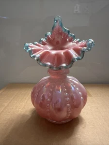 FENTON ART GLASS 1988 CASED CRANBERRY OPAL/TEAL IRIDESCENT BEADED VASE - Picture 1 of 6