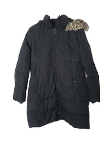 GUESS Black Full Zip Down Faux Fur Trim Parka Hooded Puffer Coat Womans Sz Large - Picture 1 of 6