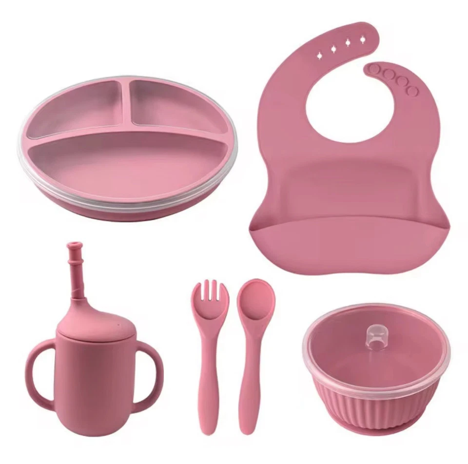 Juego de alimentación de silicona • 6 piezas • Ventosa, babero, taza, cuenco y utensilios • NUEVO Foto 1 de 2