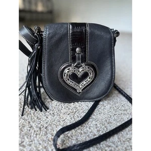 Brighton Black Leather Crossbody Bag metal Heart Accent Flap Small boho bag - Picture 1 of 11