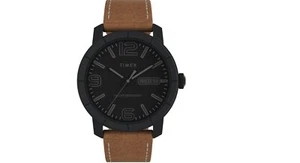 Classic Style All Black Timex Watch Water Resistance Round Shape Brown Band - Picture 1 of 6