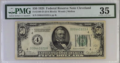 FR#2100 - D.1928 FRN Cleveland  35CVF  DA Block Woods/ Mellon  - Image 1 of 2