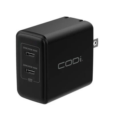 Cargador de pared Codi WC045-2C 45W con 2 puertos de carga USB-C enchufe EE. UU. NA negro Foto 1 de 3