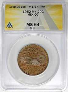 1952-Mo Mexico 20 Centavos ANACS MS 64 RB W5 - Picture 1 of 2