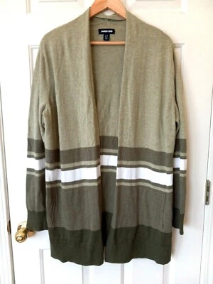 LANDS END Women's Open Front Longline Green White Cotton Cardigan Size L/T 14-16 - Image 1 of 4
