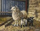 Peinture à l'huile originale moutons et agneaux toile étirée encadrée Kittell