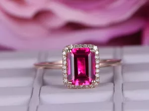 2.20 Ct Natural Ruby Emerald Cut Diamond Wedding Ring Rose Gold Size 6 7 8 - Picture 1 of 7