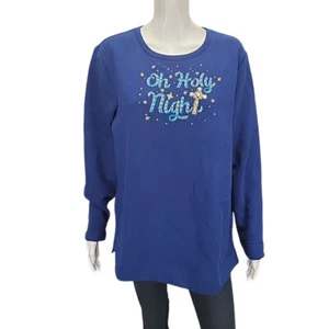 Quacker Factory Knit Sweatshirt w Holiday Embroidery Medium Size Blue Pullover - Picture 1 of 13
