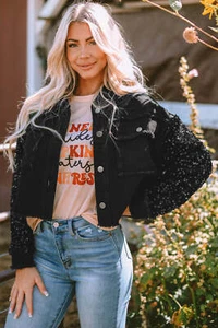Black Sequin Sleeve Pocketed Raw Hem Denim Jacket - Picture 1 of 9