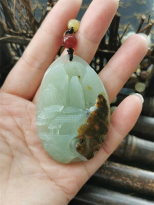 100% Natural Hand-carved Jade Pendant Jadeite Necklace landscape A-18 - Image 1 of 4