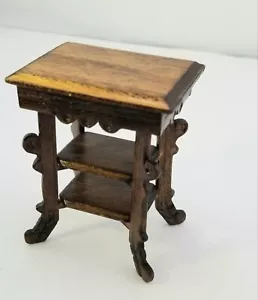 DOLLHOUSE MINIATURE WALNUT SIDE TABLE WITH 2 LOWER SHELVES SIGNED HOYT '78 - Picture 1 of 6
