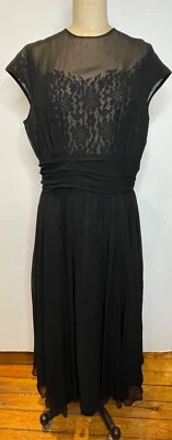 VESTIDO DE FIESTA DE CÓCTEL FALDA CÍRCULO COMPLETO DESNUDO/DE GASA Y ENCAJE NEGRO AÑOS 50-60 DE COLECCIÓN*M Foto 1 de 4