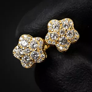 Flower Cluster Star Men Iced Yellow Gold Sterling Silver Hip Hop Stud Earrings - Picture 1 of 6
