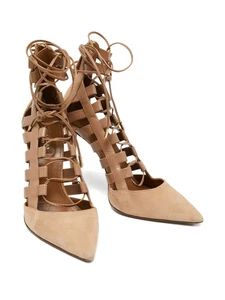 Aquazzura Amazon Ankle Schnür Pumps spitz zulaufend Wildleder Heels Biscotto Gr. 37,5 Neu ohne Karton - Bild 1 von 10