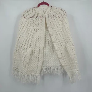 Vintage Womens Handmade Crochet Poncho Fringe Capelet Cover Up Shawl Bohemian - Picture 1 of 3