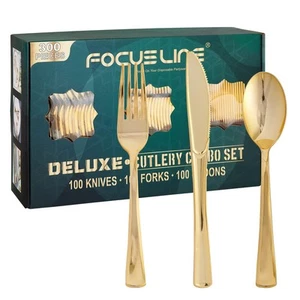 300 Count Gold Plastic Silverware Set - 100 Forks, 100 Knives, 100 Spoons - H... - Picture 1 of 7