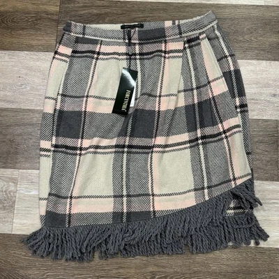 Saia feminina nova com etiquetas para Cynthia envoltório falso tamanho pequeno cinza rosa xadrez franja de flanela - Imagem 1 de 4