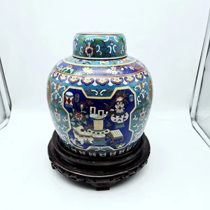 Chinese Cloisonne Ginger Jar Urn with Lid Large 12" Flower Design with Base - Picture 1 of 10
