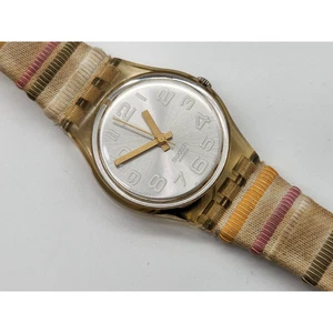 VTG Swatch Watch Women 24mm Silver Tone Dial Rainbow Cloth Band 6103 New Battery - Picture 1 of 11