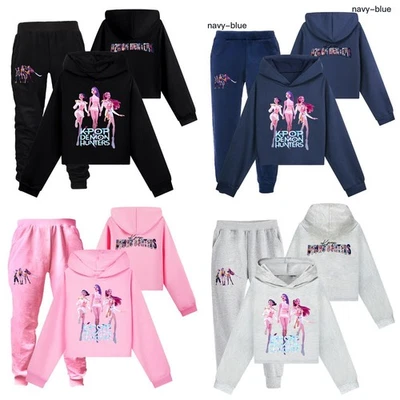 Girls KPops Devil hunters Casual Sweatshirt Pullover Crop Top Pants Outfit Sets - Image 1 of 4