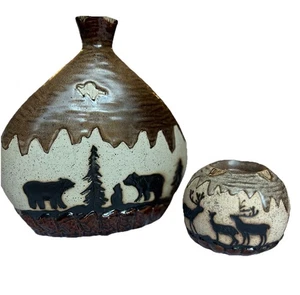 Western Stoneware Pottery Vase And Candle Holder Set - Picture 1 of 10