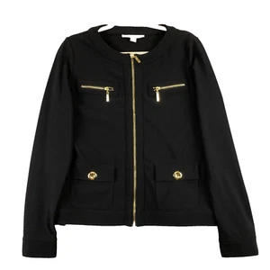 Boston Proper Full Zip Blazer Jacket Black Womens Medium Slinky Knit Gold Detail - Picture 1 of 9