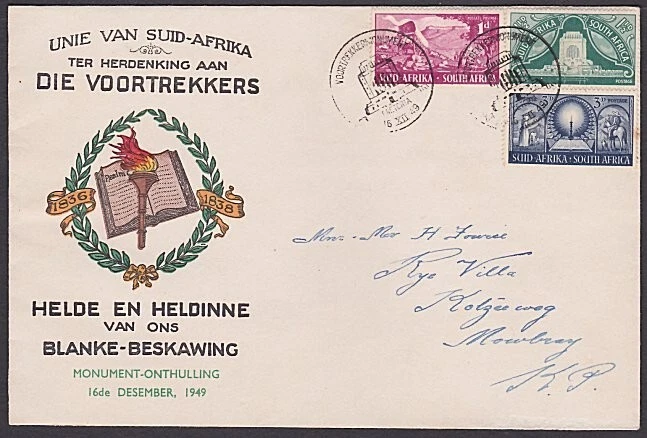 SOUTH AFRICA 1949 Voortrekker set FDC - Monument Pretoria pmk..............a4340 - Image 1 of 1
