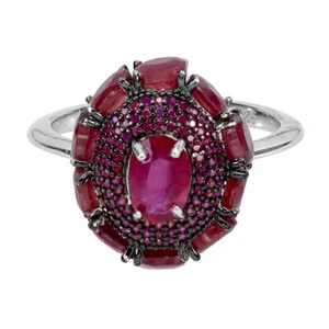 925 Sterling Silver Ring Oval Ruby Round Ruby Myanmar Gemstone Jewelry Size 7 - Picture 1 of 13