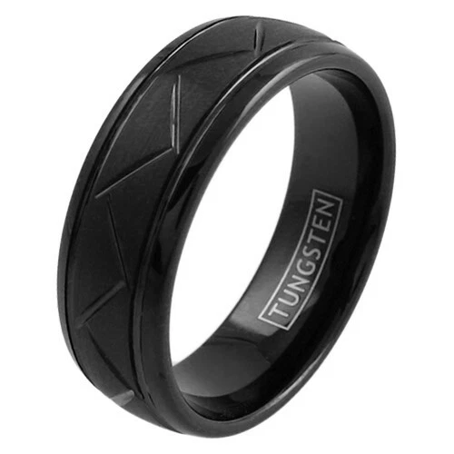 ¡CIERRE! Anillo de banda cepillada acanalada en zig-zag de plata o negro de carburo de tungsteno Foto 1 de 1