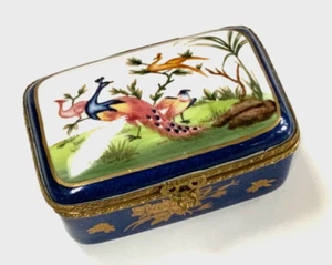Chelsea House Porcelain Brass Hinged Trinket Pill Box Peacock Gold Floral - Picture 1 of 7
