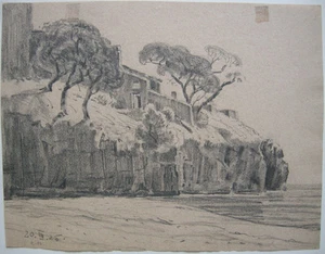 Amalfi Rock Coast with House Italia Orig Pencil Drawing 1924 Monogramist E. H. - Picture 1 of 3
