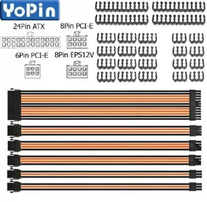 Braided ATX PCI-E EPS Sleeved Cable Extension 6Pcs Kit Power Supply Black Orange - Picture 1 of 5